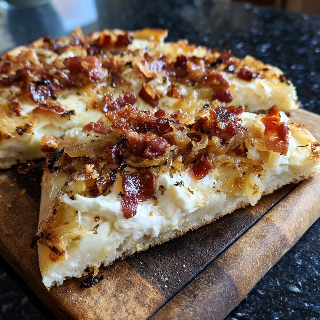 Flammkuchen-Raclette mit Speck, Zwiebeln und Crème fraîche​
