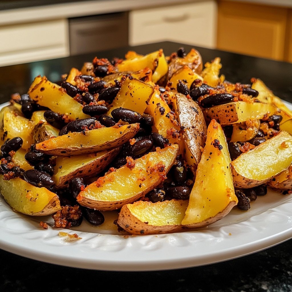 Beladene Kartoffelspalten schwarze Bohnen