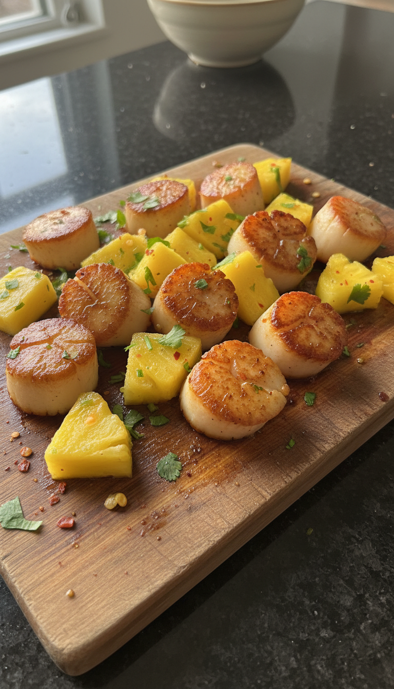 Karibische Gebratene Jakobsmuscheln mit Ananas​