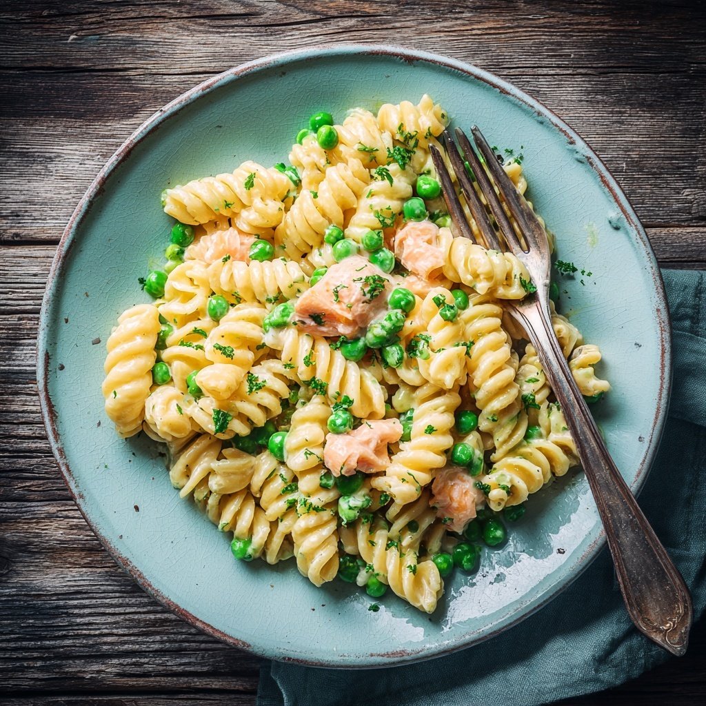 Lachs und Erbsen Pasta Toss